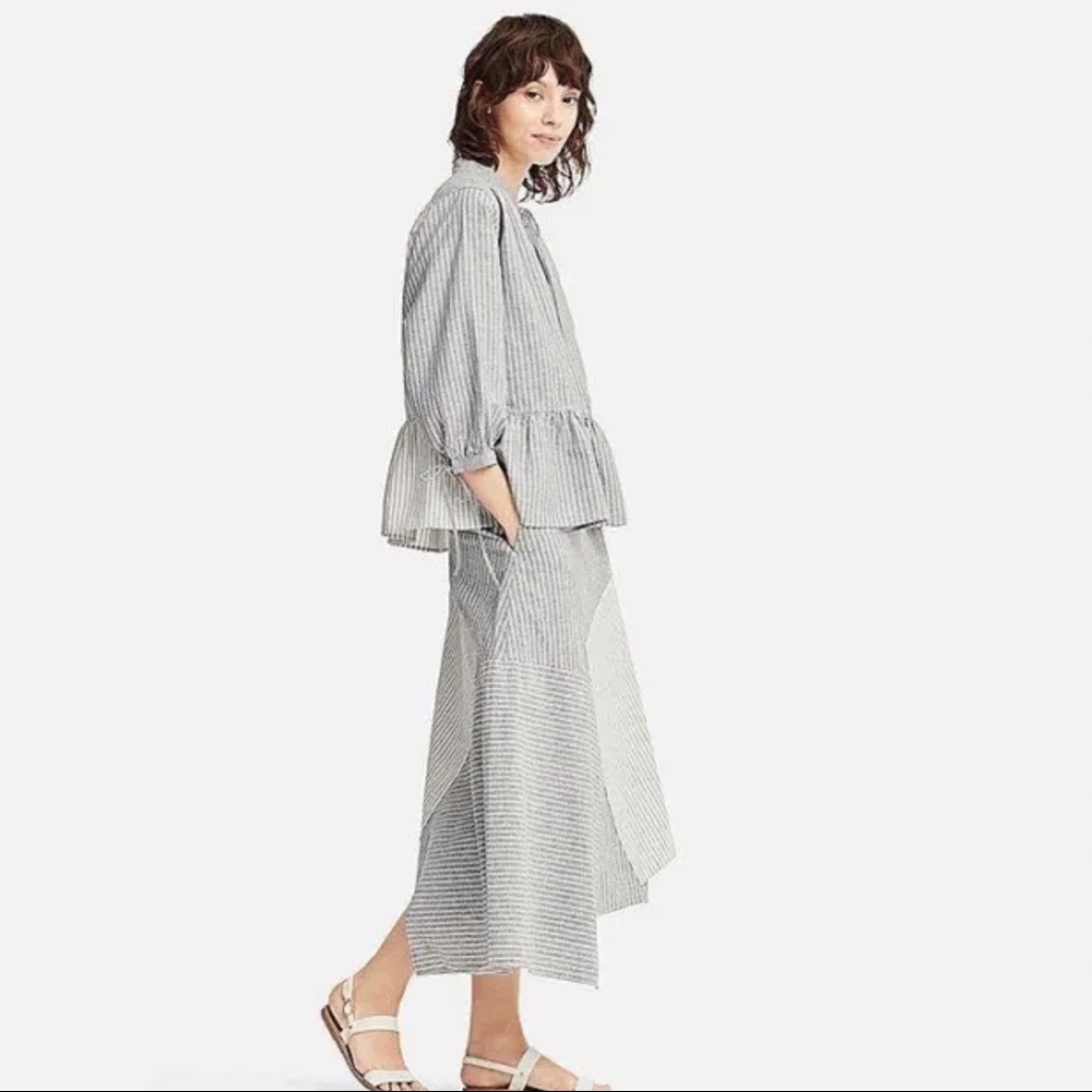 JW Anderson Uniqlo gray striped peplum balloon sleeve linen blouse top L - Picture 2 of 13